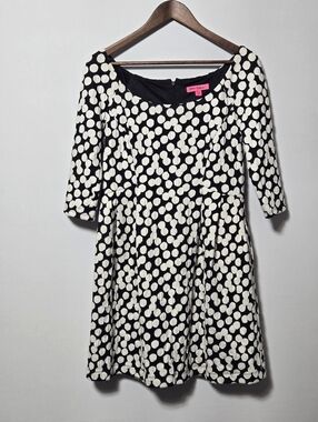 Betsy Johnson Black White Polka Dot 3/4 Sleeve Fit Flare Dress Pockets Size 10